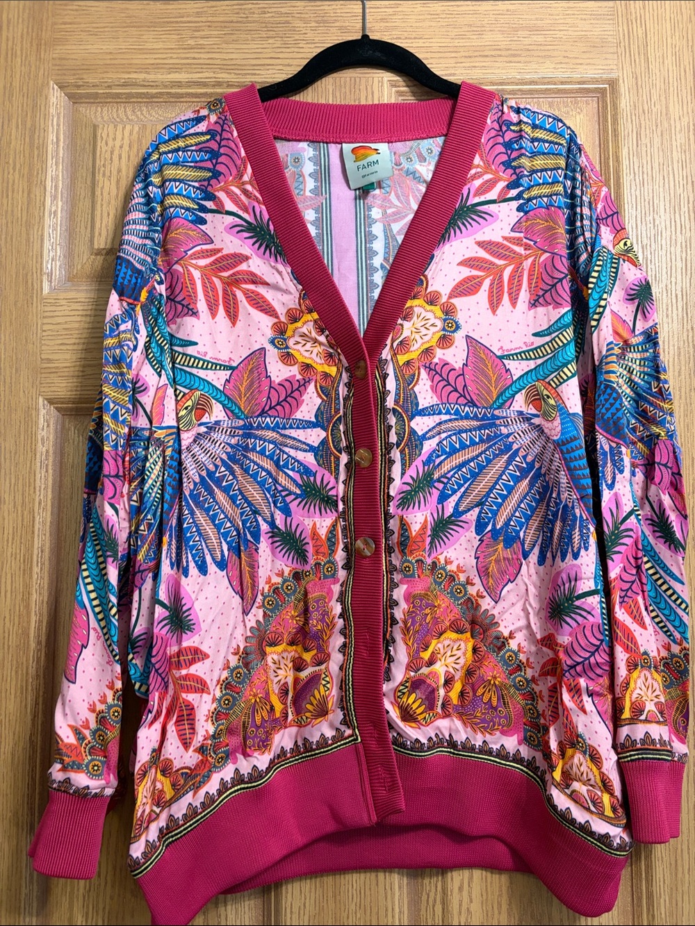 FARM Rio Pink Tropical Print V-Neck Silk Cardigan